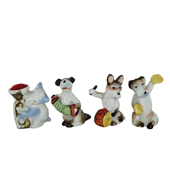 Vintage Japan Ceramic Dog Band Figurines Set Of 4 Drums Accordion Cymbal Trumpet - Picture 1 of 7